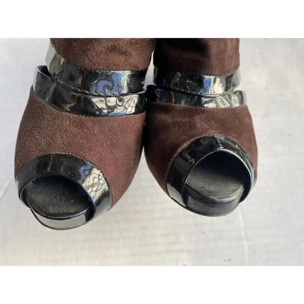 Tory Burch Lucille US-7 Peep Toe Ankle Booties Black Brown Shoes Platform Suede